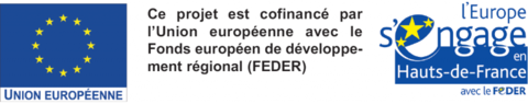 drapeau union européenne " Ce projet est cofinancé par l'Union européenne avec le Fonds européen de développement régional + Logo l'Europe s'engage en Hauts-de-France 