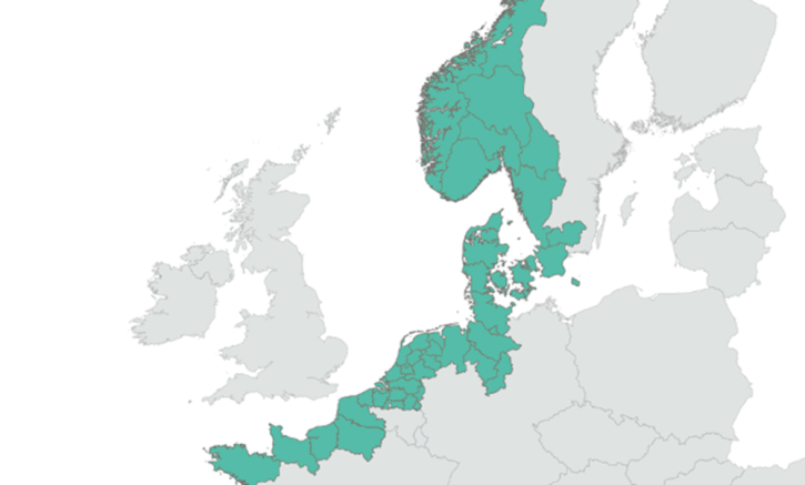 Carte des territoires membres du programme Interreg North Sea (Mer du Nord)