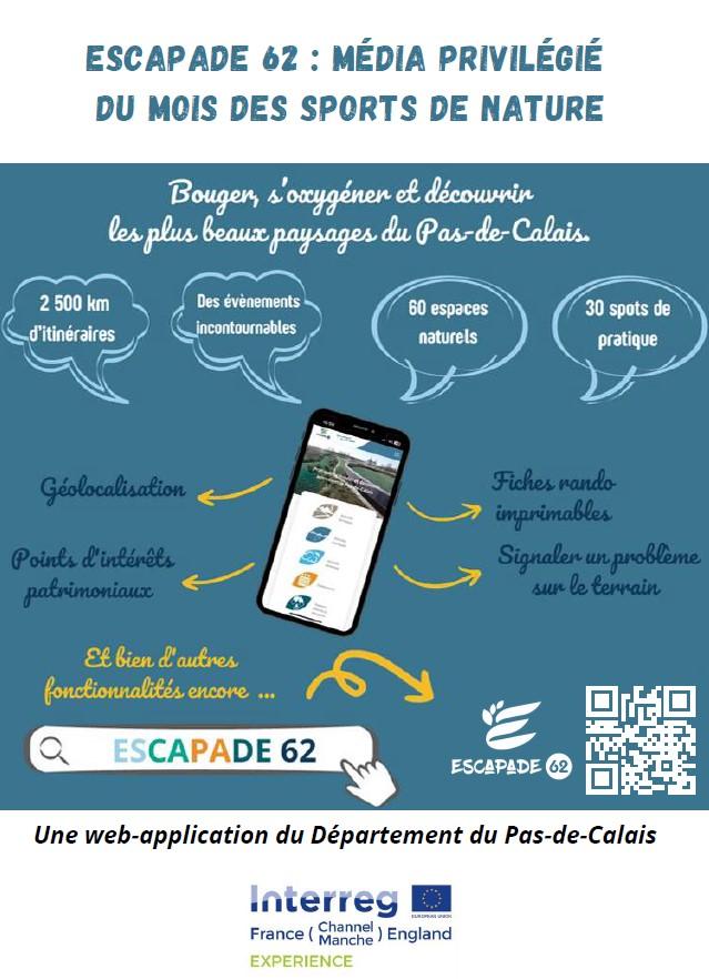 Publicité pour Esapade62.fr, la plateforme en ligne dédiée à la pratique des sports de nature dans le Pas-de-Calais.
