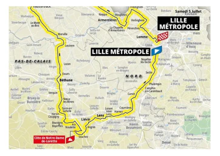 Carte de la première étape du Tour de France 2025, retrouvez la liste des communes traversées dans le Pas-de-Calais ci-dessous