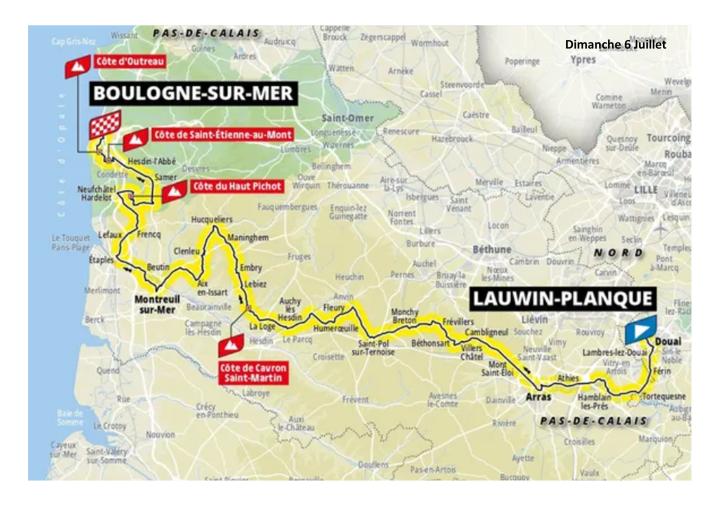 Carte de la deuxième étape du Tour de France 2025, retrouvez la liste des communes traversées dans le Pas-de-Calais ci-dessous