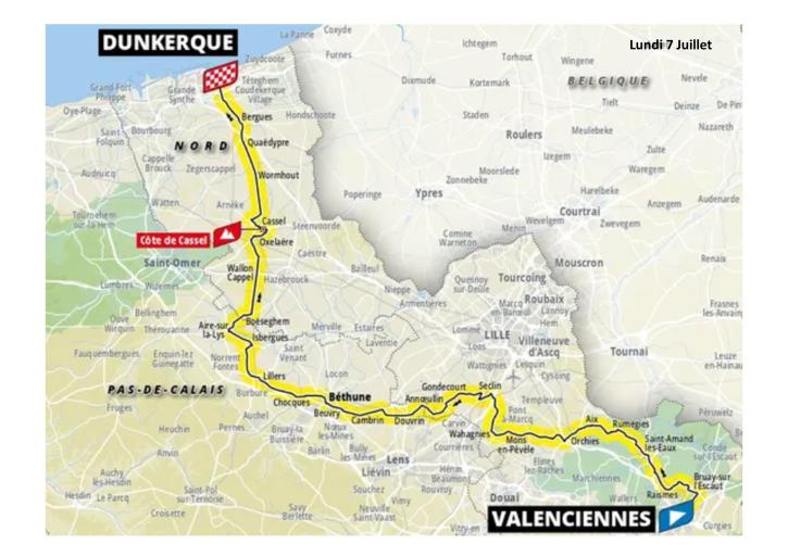 Carte de la troisième étape du Tour de France 2025, retrouvez la liste des communes traversées dans le Pas-de-Calais ci-dessous